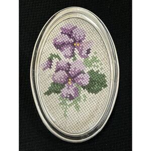 Vintage plastic Cross Stitch Paperweight decor Iris Flower Purse small chip